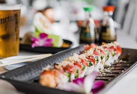 Sushi rolls served with ginger and wasabi