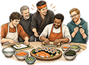 Friends enjoying a sushi dining experience together at Locals Sushi & Sports Pub, perfect for groups of all sizes and skill levels.